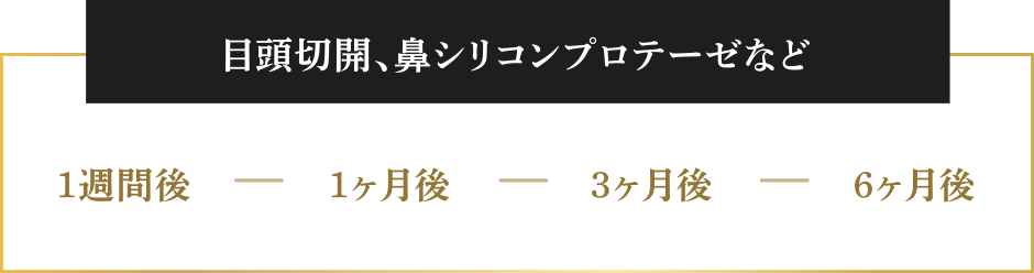 ・目頭切開、鼻シリコンプロテーゼなど→1週間後、1ヶ月後、3ヶ月後、6ヶ月後