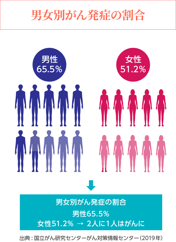 【男女別がん発症の割合】男性65.5%、女性51.2%→2人に1人はがんに 「出典:国立がん研究センターがん対策情報センター(2019年)